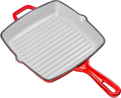 Image of 10 Inch Square Cast Iron Grill Pan Skillet Grill Pan with Easy Grease Draining for Grilling Bacon, Steak, and Meats, Stove, Fire and Oven Safe for Camping or Barbecue (Red)