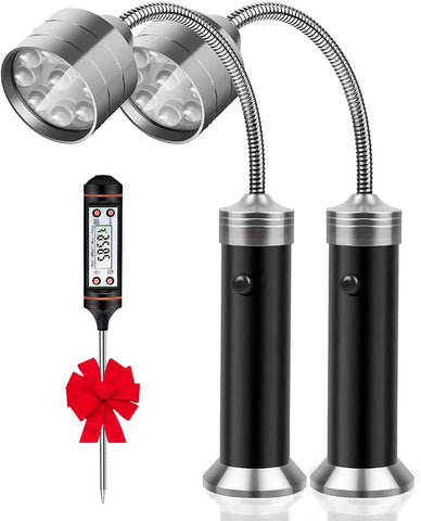 Image of Grill Lights, BBQ Lights for Grill-Outdoor Magnetic Light 360 Degree Flexible Bend, Weather Resistant, Led Flashlight(Batteries Not Included), Pack of 2, 1 Meat Thermometer