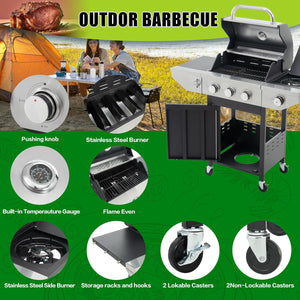 3-Burners Propane Gas Grill with Side Burner & Thermometer, 33950 BTU Output Stainless Steel Grill for Outdoor BBQ and Camping, Patio Backyard Barbecue(3 Burner+Side Burner)