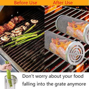 2 PCS Rolling Grilling Basket,Bbq Grill Basket,Stainless Steel Wire Mesh Cylinder Grill Basket Portable Outdoor Camping Versatile Rolling Grill Basket (2Pcs Small)