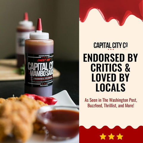 Image of Capital City Mambo Sauce - Variety 2 Pack - Sweet Hot & Mild | Washington DC Wing Sauces | Perfect Condiment Topping for Wings, Chicken, Pork, Beef, Seafood, Burgers, Rice or Noodles | 12 Fl Oz Bottles (2 Pack)