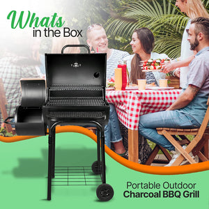 kitchen Charcoal Grill Offset Smoker with Cover, Portable Stainless Steel Grill, Outdoor Camping BBQ and Barrel Smoker (Black)