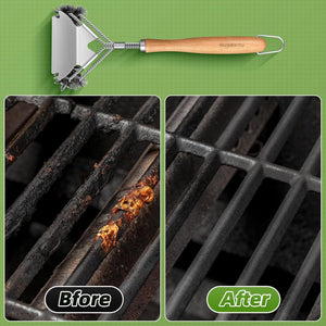 Grill Brush for Outdoor Grill, 15.3'' BBQ Grill Scraper Cleaning Brush for Outdoor Grill, Safe Stainless Steel Grill Cleaner Scrubber with Scraper, Beech Wood Handle, 1Pack