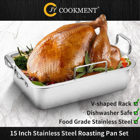 Image of Roasting Pan with Baking Rack,15 Inch Stainless Steel Turkey Roaster Pan with V-Shaped Rack and Turkey Baster. Rectangular Roaster Pot Great for Turkey, Chicken, Vegetable,Fit for 20Lb Turkey