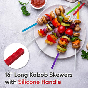 Grill Skewers with Silicone Handle, 16" Long Kebab Skewers, 5 Pack Stainless Steel Skewer Sticks for Kabob, Reusable Flat Metal Skewers for Grilling BBQ Barbecue, Storage Bag Included