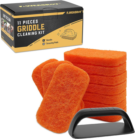 Image of 11-Piece Griddle Cleaning Kit for Blackstone, Flat Top Grill Cleaning Kit Non-Scratch Scouring Pads for Kitchen - 10 Scrubber Pads and 1 Handle