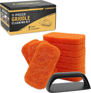 11-Piece Griddle Cleaning Kit for Blackstone, Flat Top Grill Cleaning Kit Non-Scratch Scouring Pads for Kitchen - 10 Scrubber Pads and 1 Handle