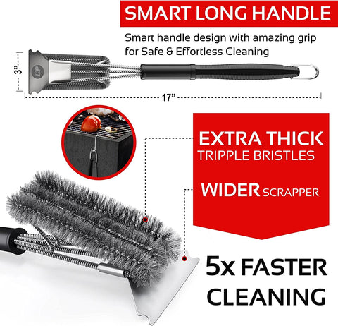 Image of KP Grill Brush for Outdoor Grill – 3 in 1 BBQ Brush for Grill Cleaning & Grill Scraper W/Smart Grip Handle- Effortless Grill Cleaner Brush Grill Accessories +Bonus Metal Hanger & 3 Recipe Ebooks