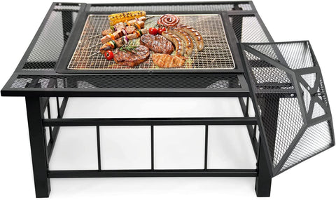 Image of 32 Inch Fire Pit Table with Swivel Grill for Outside, Large Square Outdoor Wood Burning Firepit with BBQ Grill Grate, Mesh Spark, Log Grate, Poker for Backyard Garden Patio Camping Picnic