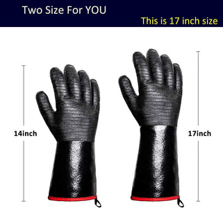 932°F Heat Resistant Gloves Non-Slip BBQ Gloves Waterproof Kitchen Gloves Fireproof Grilling Gloves Oil Resistant Barbecue Gloves Neoprene Coated Black Gloves for Fryer, Baking, Oven, Smoker,17In