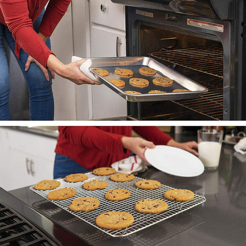 Image of Oven-Safe Baking Pan with Cooling Rack Set - Quarter Sheet Pan Size - Includes Premium Aluminum Baking Sheet and 100% Stainless Steel Baking Rack for Oven - Durable, Easy Clean, Commercial Quality