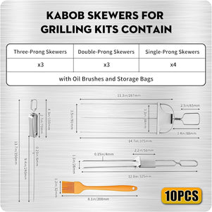 10PCS Kabob Skewers for Grilling,3,Double and Single Pronged Grilling Accessories,304 Stainless Steel Metal Skewers for Kabobs with Push Bar for Quick Release,With Storage Bag and Oil Brush