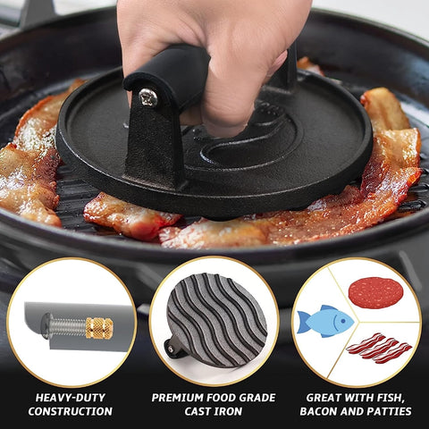 Image of Smash Burger Press - Heavy Duty Hamburger Press W/Heat Resistant Handle - Cast Iron Grill Press, Bacon Press, Sandwich Press - round Burger Smasher for Griddle - Meat Press - BBQ Grilling Accessories