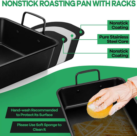 Image of 14 Inch Roasting Pan with Rack Set, P&P CHEF Turkey Roaster Pan & V-Shape Baking Rack & Cooling Rack for Chicken Vegetable Lasagna Cookie, Nonstick Coating & Stainless Steel Core, Sturdy & Healthy