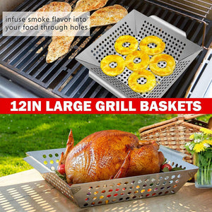 12In Grill Basket, Hasteel Large BBQ Grilling Basket Wok for Vegetable, Kabobs, Shrimps, Heavy Duty Stainless Steel Grilling Accessories for All Grills, Dishwasher Safe - (2 Packs)