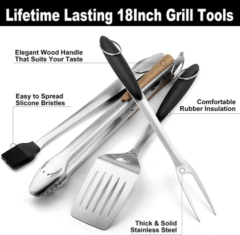 Image of GRILLART BBQ Tools Grill Tools Set - 18Inch Grilling Tools BBQ Set - Grill Accessories W/Bbq Tongs, Spatula, Fork, Brush - Stainless Grill Kit Grilling Set - Gift Ideas BBQ Accessories, Gifts for Men