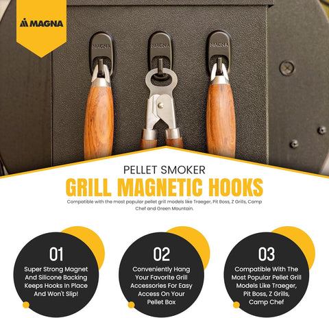 Image of Pellet Smoker Grill Magnetic Hooks 3 Pack - Use to Hang Your Grilling Utensils and Accessories - Compatible with Pellet Grill Smokers like Traeger, Pit Boss, Z Grills, Camp Chef