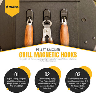 Pellet Smoker Grill Magnetic Hooks 3 Pack - Use to Hang Your Grilling Utensils and Accessories - Compatible with Pellet Grill Smokers like Traeger, Pit Boss, Z Grills, Camp Chef