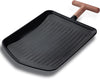 Nonstick Grill Pan with Wood Grain Handle - Durable Cast Aluminum Skillet for Steaks, BBQ Indoor or Outdoor - Compatible with Gas, Ceramic, Electric, Induction Stovetops and Open Flame, Black