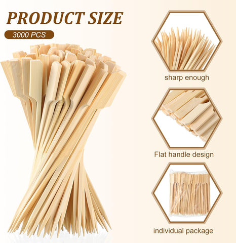 Image of 3000 Pcs Bamboo Skewers for Appetizers Toothpicks Wide Wooden Skewers Paddle for Kabobs Cocktail Picks Fruit Kababs Bbq Barbecue Sausage Grilling(6 Inches)