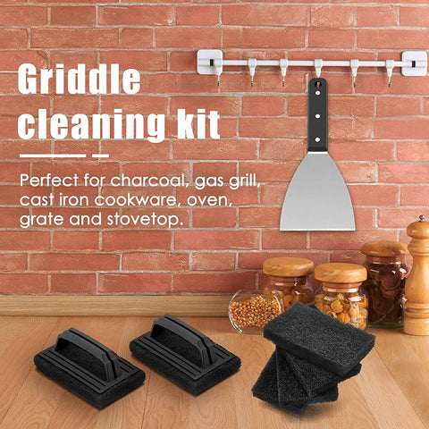 Image of Griddle Cleaning Kit, 7PCS Flat Top Grilling Cleaner Tools Set, Metal Dough Scraper, Cleaning Brush with Handle, Scouring Pads for BBQ Cast Iron Kitchen Cookware Stovetops Hot & Cold Surfaces
