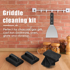 Griddle Cleaning Kit, 7PCS Flat Top Grilling Cleaner Tools Set, Metal Dough Scraper, Cleaning Brush with Handle, Scouring Pads for BBQ Cast Iron Kitchen Cookware Stovetops Hot & Cold Surfaces