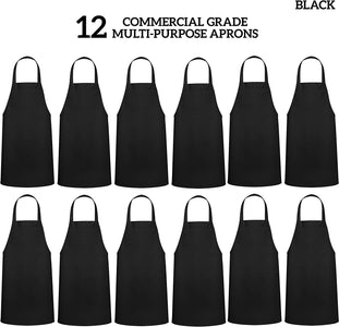 12 Pack Bib Apron - Unisex Black Aprons, Machine Washable Aprons for Men and Women, Kitchen Cooking BBQ Aprons Bulk (Pack of 12, No Pockets, Black)