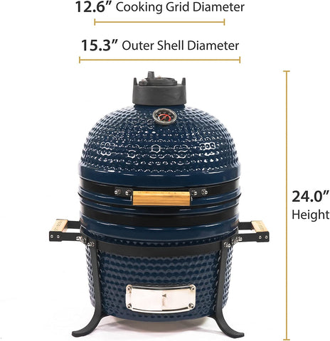 Image of 12.6-In W Kamado Charcoal Grill Handle Style – Heavy Duty Ceramic Barbecue Grill with Low Stand and Side Handles (Blue)