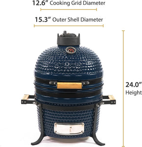 12.6-In W Kamado Charcoal Grill Handle Style – Heavy Duty Ceramic Barbecue Grill with Low Stand and Side Handles (Blue)