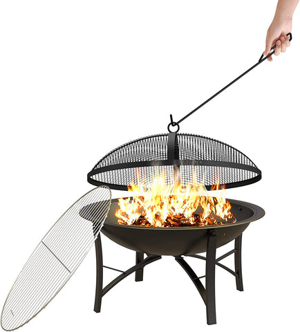 Image of Fire Beauty Fire Pit for outside Wood Burning Firepit BBQ Grill Steel Fire Bowl with Spark Screen Cover, Log Grate, Poker for Camping Beach Bonfire Picnic Backyard Garden