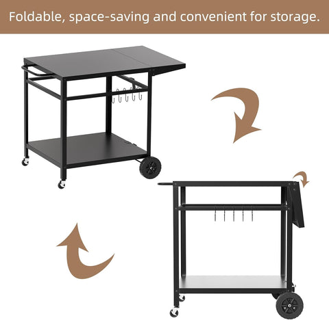 Image of Outdoor Grill Cart Table with Wheels,Double Shelf Outdoor Dining Cart with Foldable Side Table,5 Hooks,Stainless Steel Pizza Oven Trolley BBQ Stand Kitchen Food Prep Worktable,Grill Table