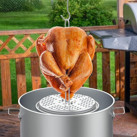 Image of MOASKER Perforated Turkey Fryer Hook and Stand Set, Chicken Poultry Deep Frying Rack Base and Wire Handle Lifter Hook Vertical Roasting Spit for BBQ Oven, Dishwasher Safe
