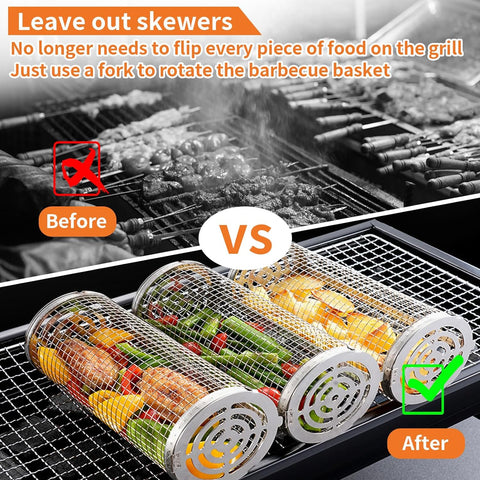 Image of Grilling Basket 2 PCS,BBQ Grill Basket Stainless Steel Grill Mesh,Rolling Grilling Baskets for Outdoor Grilling Non-Stick Surface, Portable Grilling Basket for Fish and Vegetables (Small)
