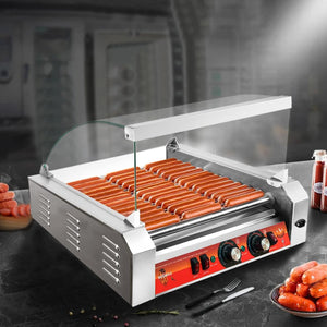 1670W Hot Dog Roller Machine/Sausage Grill with Dust Cover,Stainless Steel 11 Rollers 30 Hot Dog Roller Grill Cooker Machine with Dual Temp Control and LED Light/Detachable Drip Tray