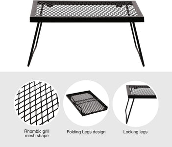 CAMPMAX Folding Campfire Grill Grate, Portable Heavy Duty Steel over Fire Camp Grill for Outdoor Camping Cooking Fire Pit, Black