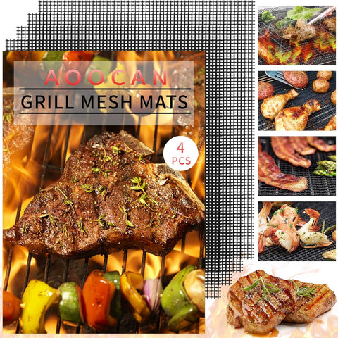 Image of Aoocan Mesh Grill Mat Set of 4 Heavy Duty Non-Stick Mesh Grilling Mats & Barbecue Accessories - Reusable and Easy to Clean - Works on Gas, Charcoal or Electric Grill and More 15.4 X 12 Inch