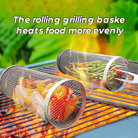 Image of Grill Basket, Rolling Grilling Basket, Stainless Steel Grill Mesh Barbeque Grill Accessories, Portable Grill Baskets for Outdoor Grill Veggies Vegetable Fish Meat Food Camping, Gift for Men