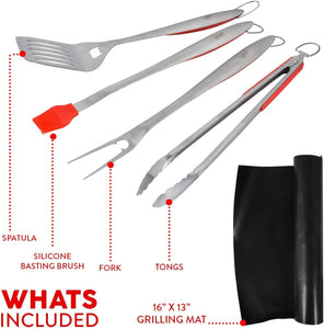 Grill Set, Heavy Duty Thick Stainless Steel Grilling Utensils 5 Piece Grilling Set, Tong, Fork, Spatula, Basting Brush Extra Long Grill Accessories