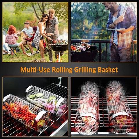 Image of Grill Basket 2 PCS, BBQ Grill Basket, Rolling Grilling Basket, Stainless Steel Grill Mesh Barbeque Grill Accessories, Portable Grill Baskets for Outdoor Grill for Fish, Shrimp, Meat, Vegetables, Fries