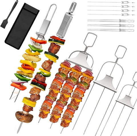 Image of 10PCS Kabob Skewers for Grilling,3,Double and Single Pronged Grilling Accessories,304 Stainless Steel Metal Skewers for Kabobs with Push Bar for Quick Release,With Storage Bag and Oil Brush