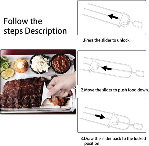 Image of Chuanke 3-Prong Stainless Steel Skewers for BBQ Grilling with Push Bar Slider Easy Food Removal (1)