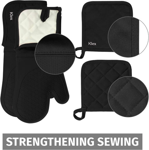 Image of Extra Long Silicone Oven Mitts and Pot Holders, 932°F Degrees Heat Resistance with Quilted Liner Oven Gloves and Hot Pads, 4 Piece Set, 15 Inch, Black