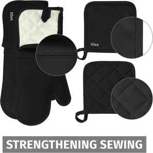 Extra Long Silicone Oven Mitts and Pot Holders, 932°F Degrees Heat Resistance with Quilted Liner Oven Gloves and Hot Pads, 4 Piece Set, 15 Inch, Black