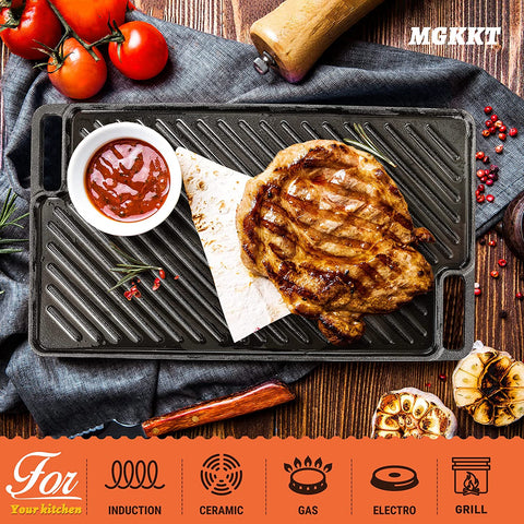 Image of 1-Piece 16.50 Inch Cast Iron Griddle Plate | Reversible Pre-Seasoned Cast Iron Grill Pan for Gas Stovetop | Double Sided Used on Open Fire & in Oven | Pre-Coated with Oil