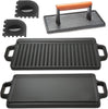 Cast Iron Griddle, plus Cast Iron Grill Press & Pan Scrapers - Reversible Grill/Griddle for Stove Top, Gas, Preseasoned & Non-Stick, Measure 17 X 9 Inch,