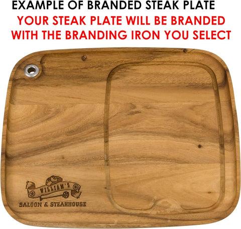 Image of Western Z Branding Iron for Steak, Buns, Wood & Leather | Includes Redwood Plank & Wood Steak Plate