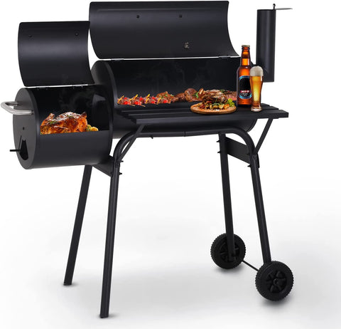Image of Charcoal Grills Outdoor BBQ Grill Offset Smoker with Wheels Side Fire Box Portable Barbecure Grill for Outdoor Cooking Backyard Camping Picnics,Black