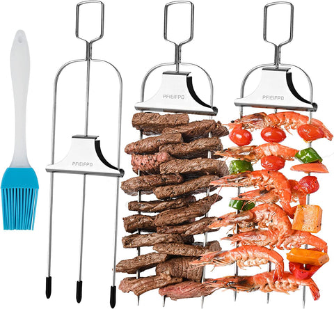 Image of 3PCS Grilling Savant 3 Way Skewers,14 Inch Metal Skewers for Grilling,Easy to Use Push Bar Slider, BBQ Accessory, Perfect for Meat,Veggies,Fruits,Marshmallow Roasting Sticks Grill Kabob Skewer.