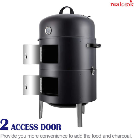 Image of Realcook Vertical 17 Inch Steel Charcoal Smoker, Heavy Duty round BBQ Grill for Outdoor Cooking, Black