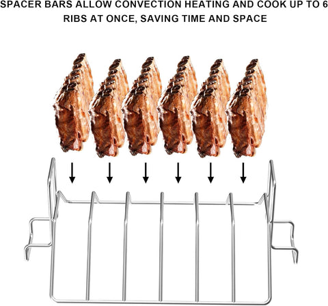 Image of Rib Rack, Turkey Roasting Rack for Grills & Ovens, 2 in 1 Meat Smoker Accessories for Weber Rib Rack, Big Green Egg Rib Rack, Kamado Joe, Traeger, Pitboss Pellet Smoker, Char-Griller, Stainless Steel